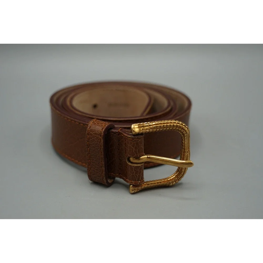 Dolce & Gabbana Mens Brown Leather Belt Size 34 Gold Textured Buckle Made Italy